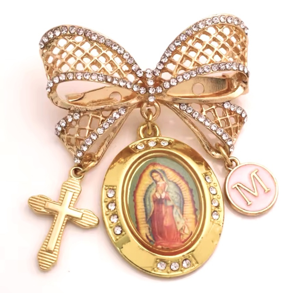 Virgin Mary Our Lady of Guadalupe Saint Catholic Bow Drop protection Brooch Pin